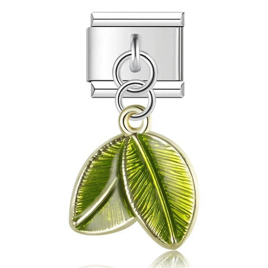 2 Green Leaves, on Silver - Charms Official