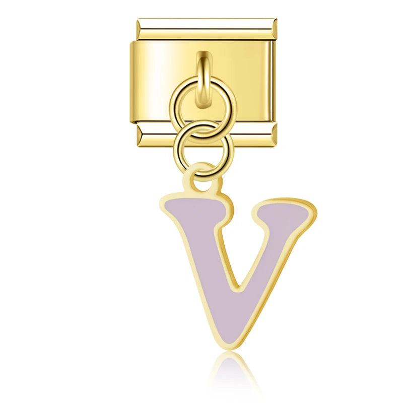 Letter V in Pink, on Gold - Charms Official